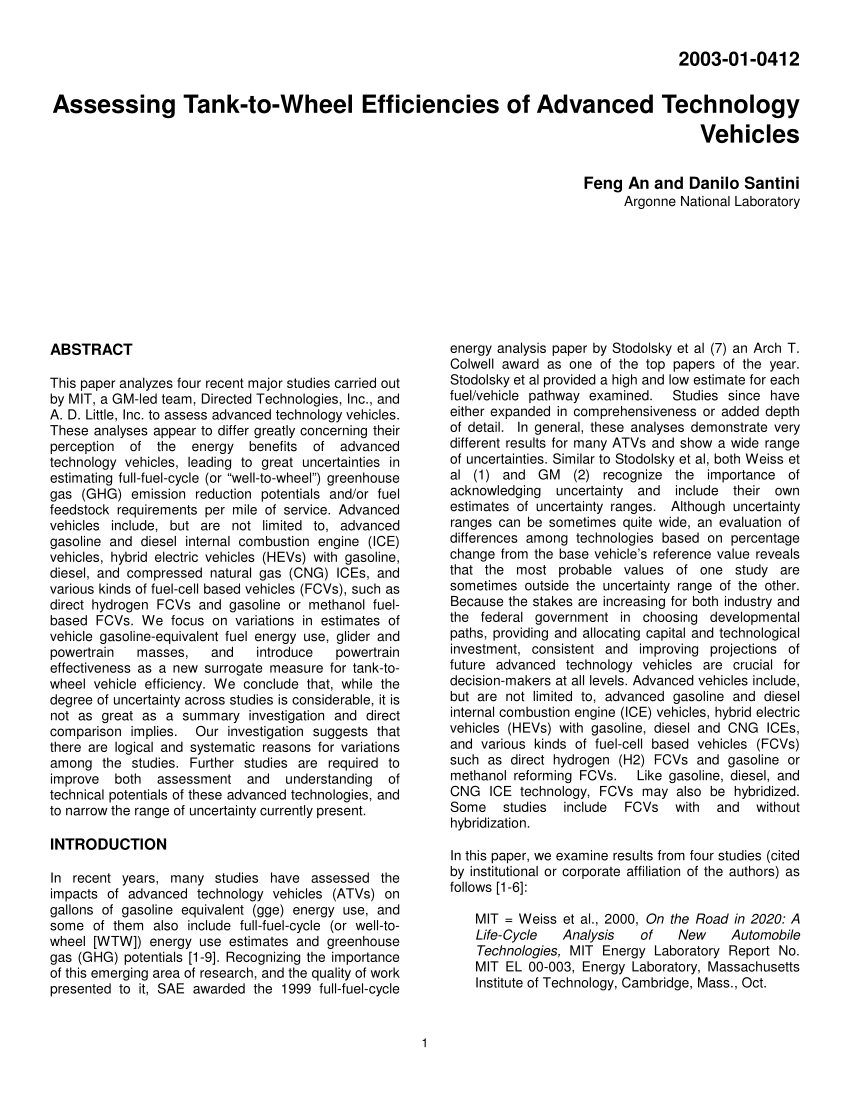 Pdf Assessing Tank To Wheel Efficiencies Of Advanced Technology Vehicles