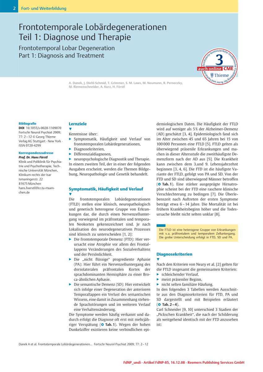 Pdf Frontotemporal Lobar Degeneration Part 1 Diagnosis And Treatment