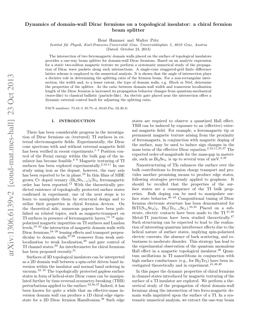 PDF) Dynamics of domain-wall Dirac fermions on a topological 