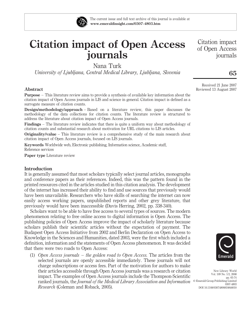 Pdf Citation Impact Of Open Access Journals