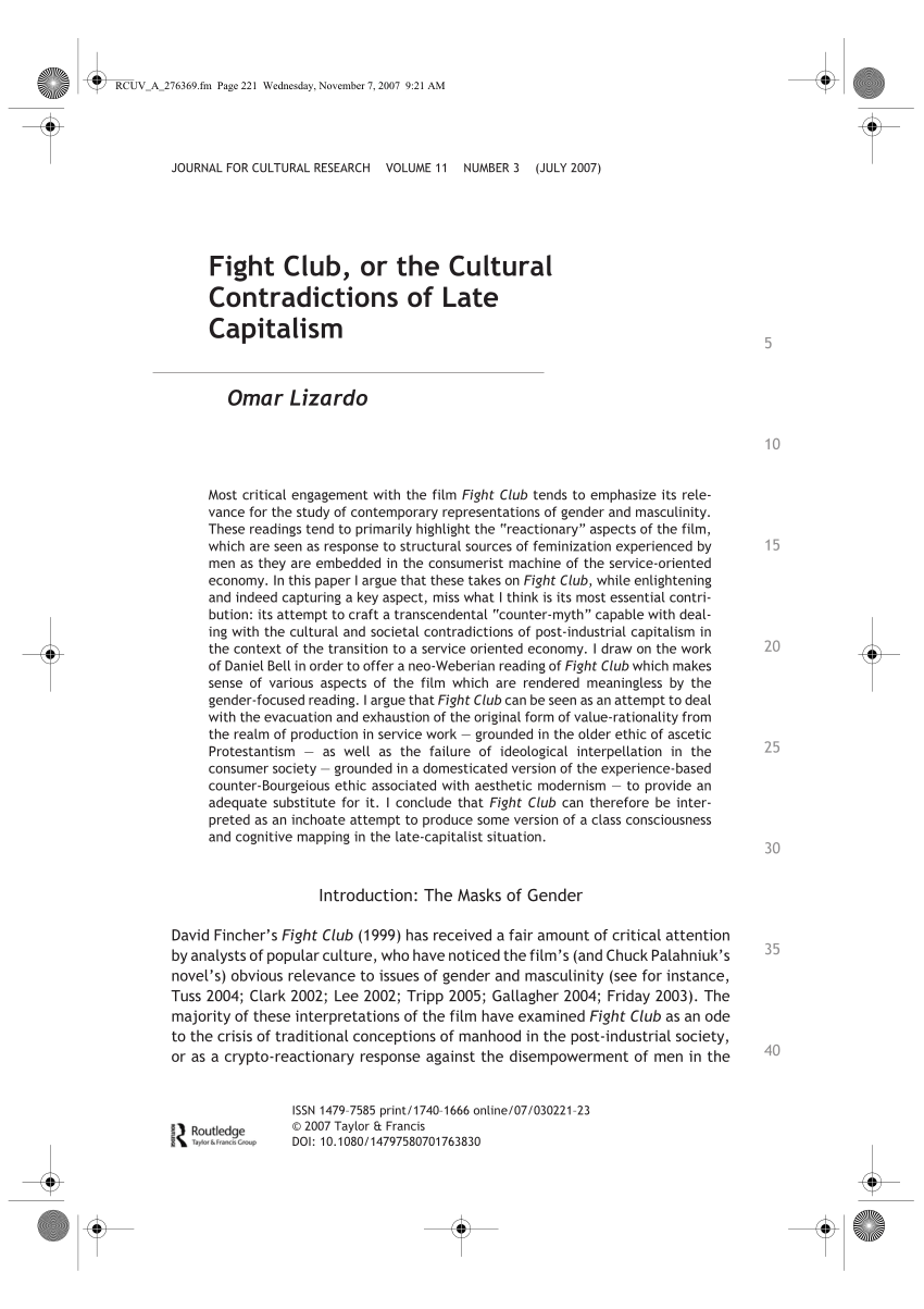PDF) Fight Club, or the Cultural Contradictions of Late Capitalism