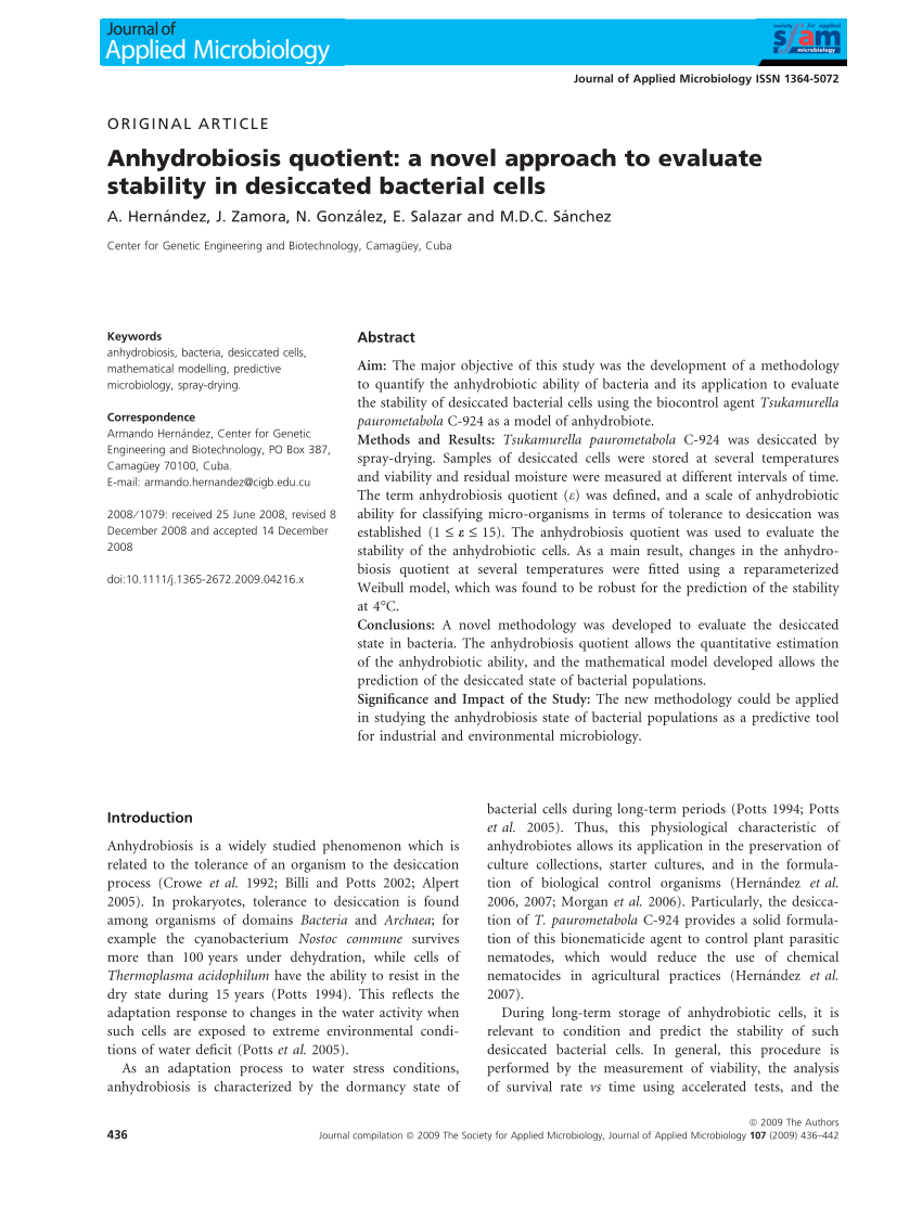 Pdf Anhydrobiosis Quotient A Novel Approach To Evaluate Stability In Desiccated Bacterial Cells