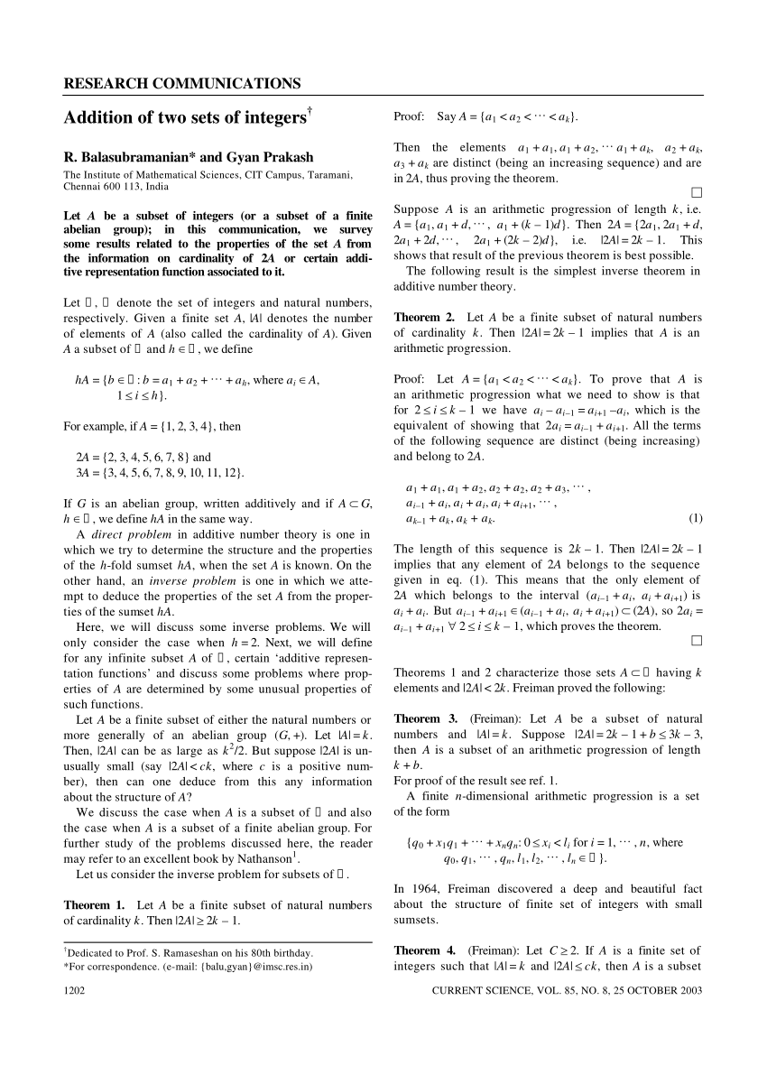 Pdf Addition Of Two Sets Of Integers