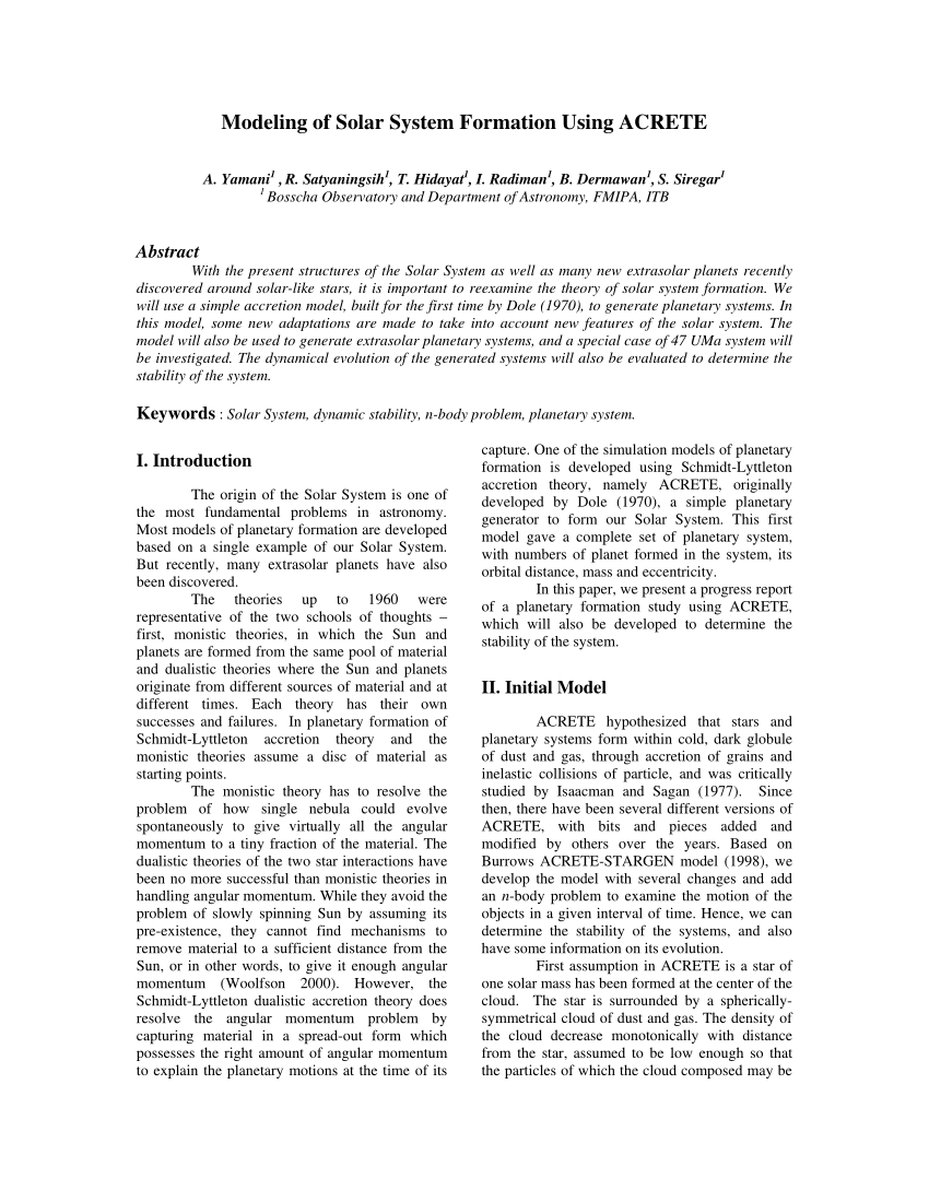 Pdf Modeling Of Solar System Formation Using Acrete