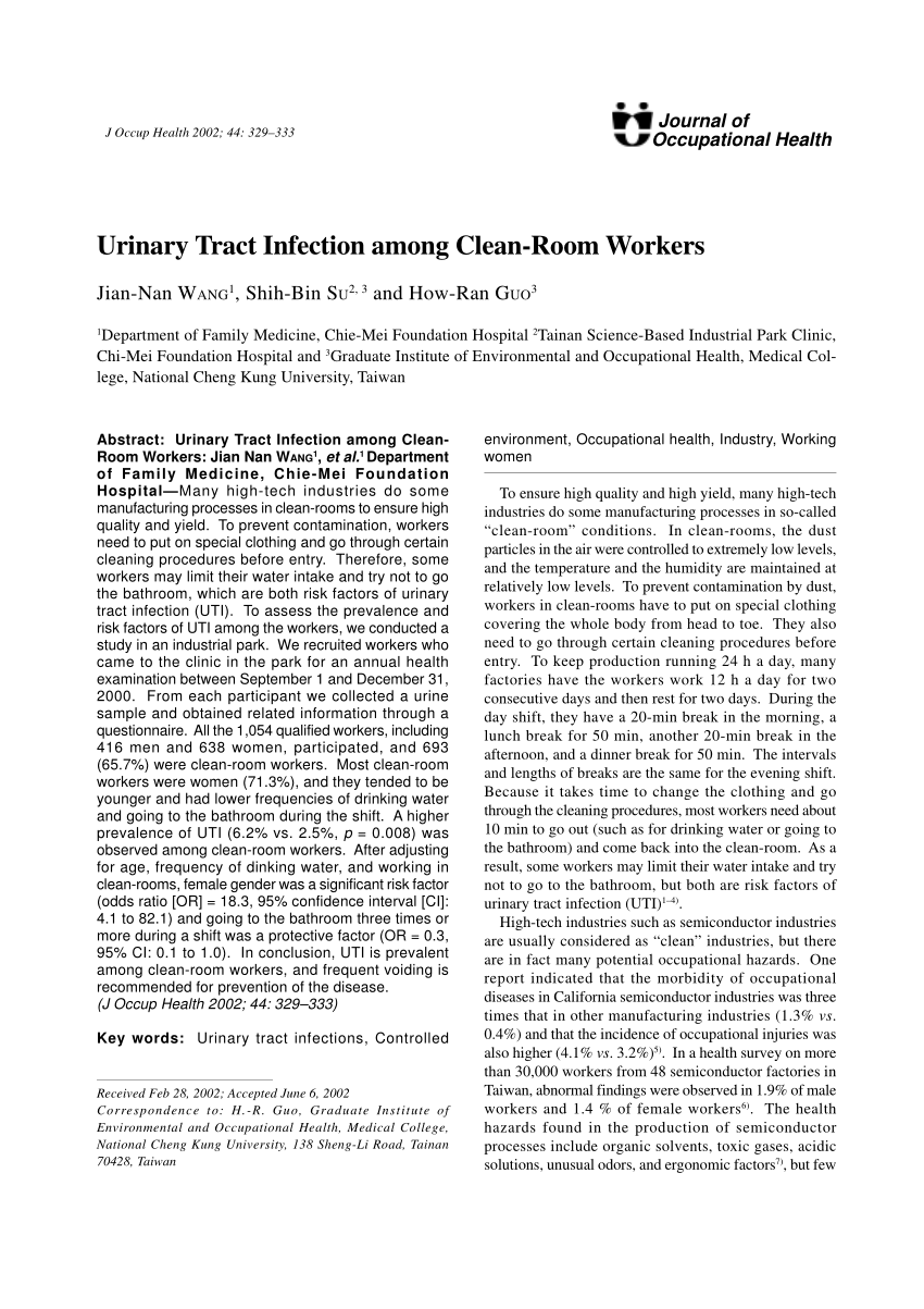 Pdf Urinary Tract Infection Among Clean Room Workers - 