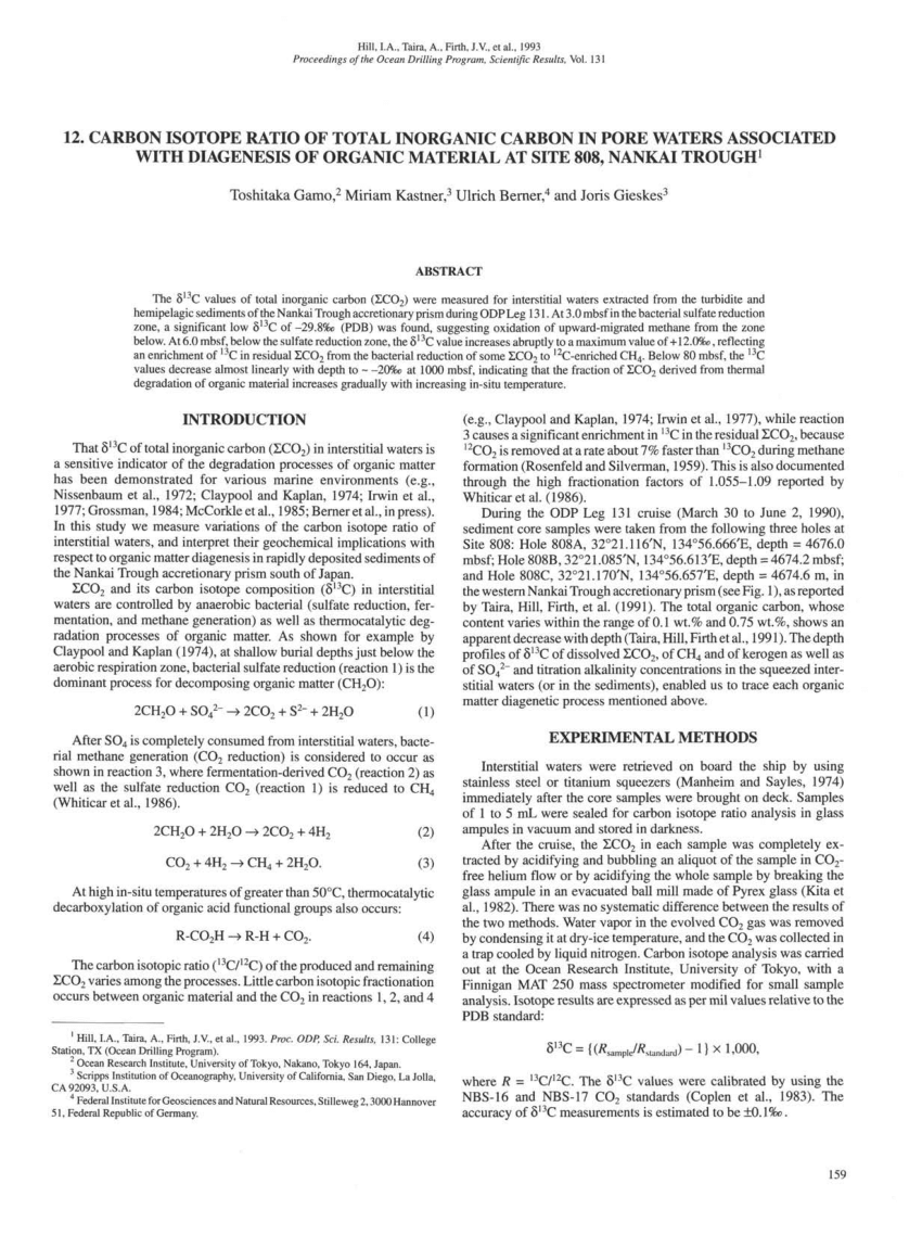 Pdf Carbon Isotope Ratio Of Total Inorganic Carbon In Pore Waters Associated With Diagenesis Of Organic Material At Site 808 Nankai Trough