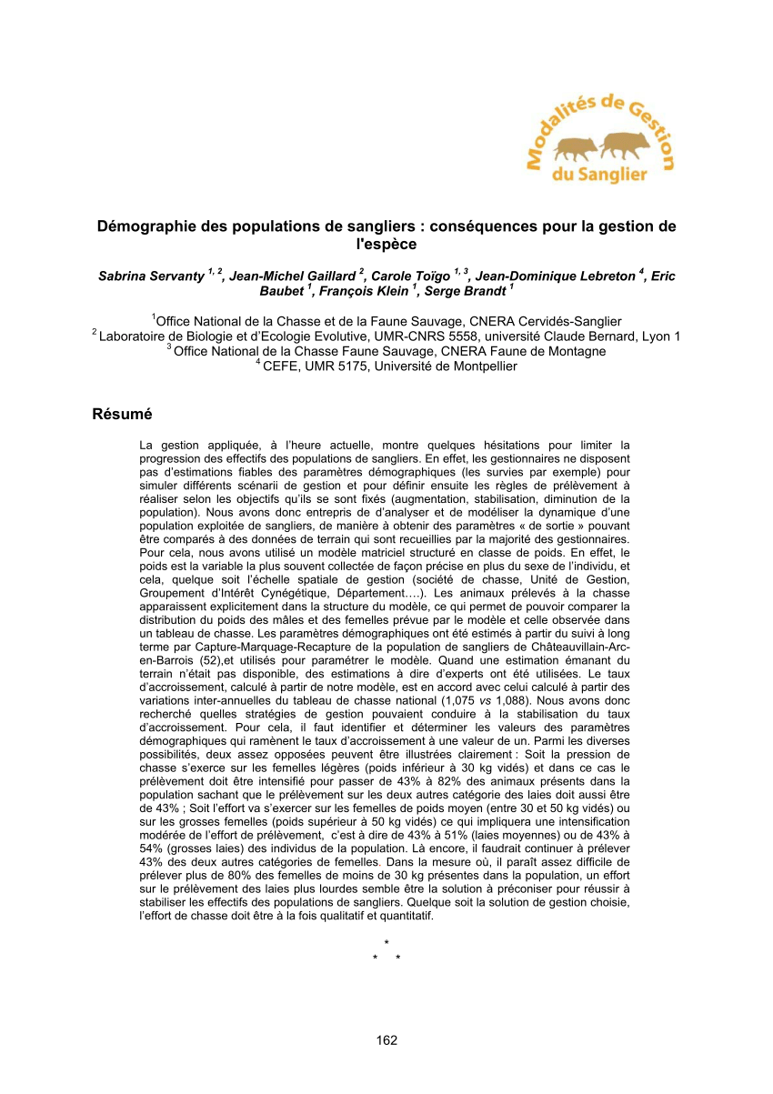 Pdf Demographie Des Populations De Sangliers Consequences Pour La Gestion De L Espece