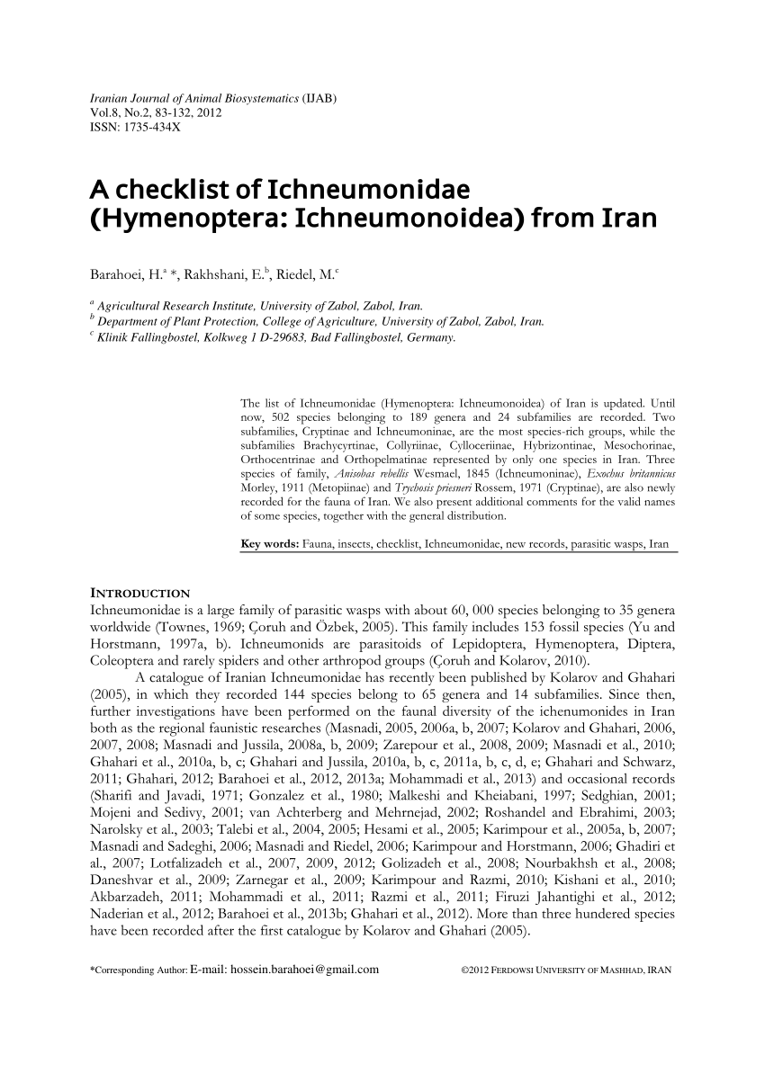 Pdf A Checklist Of Ichneumonidae Hymenoptera Ichneumonoidea From Iran
