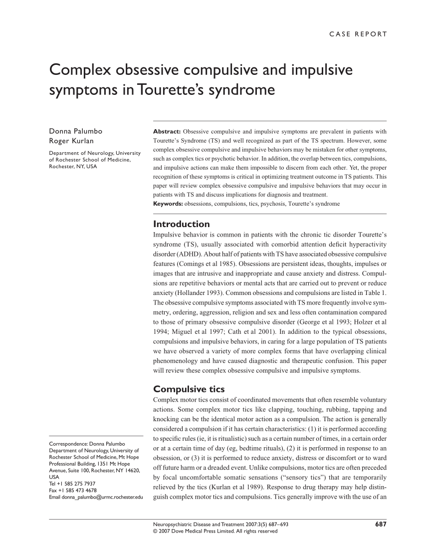 Pdf Complex Obsessive Compulsive And Impulsive Symptoms In Tourette S Syndrome