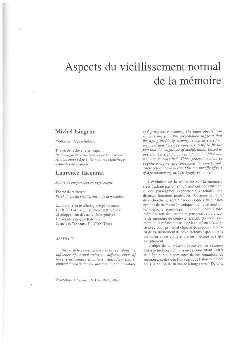 Pdf Aspects Du Vieillissement Normal De La Mémoire 2219