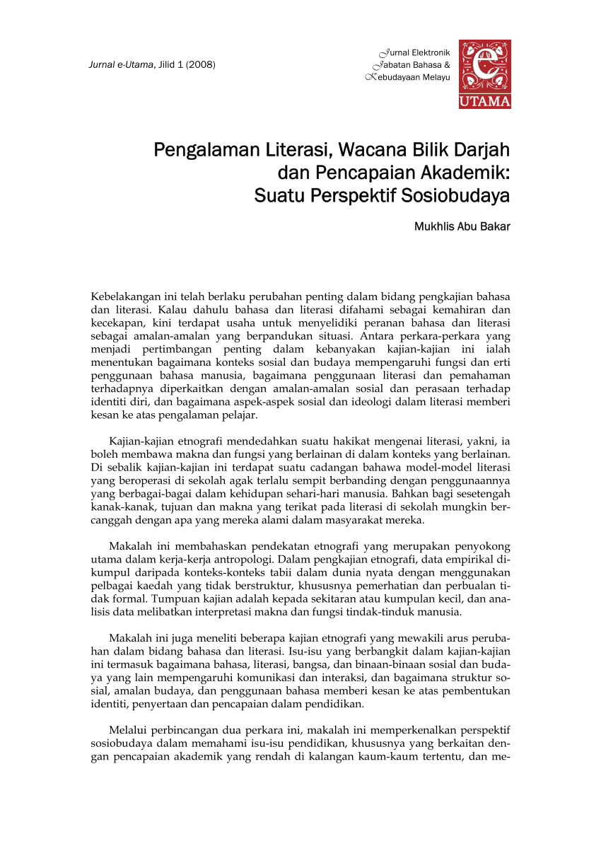 Pdf Pengalaman Literasi Wacana Bilik Darjah Dan Pencapaian Akademik Suatu Perspektif Sosiobudaya