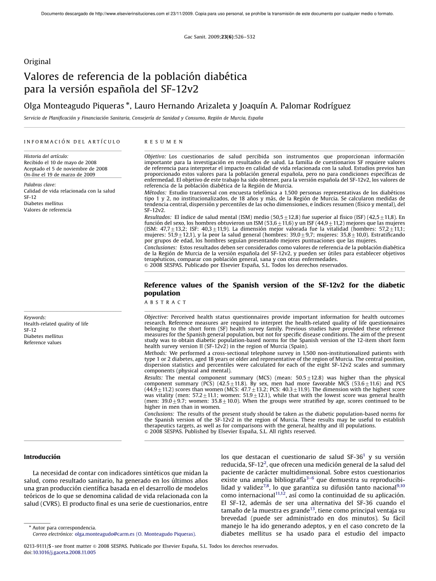 Pdf Reference Values Of The Spanish Version Of The Sf 12v2 For The Diabetic Population