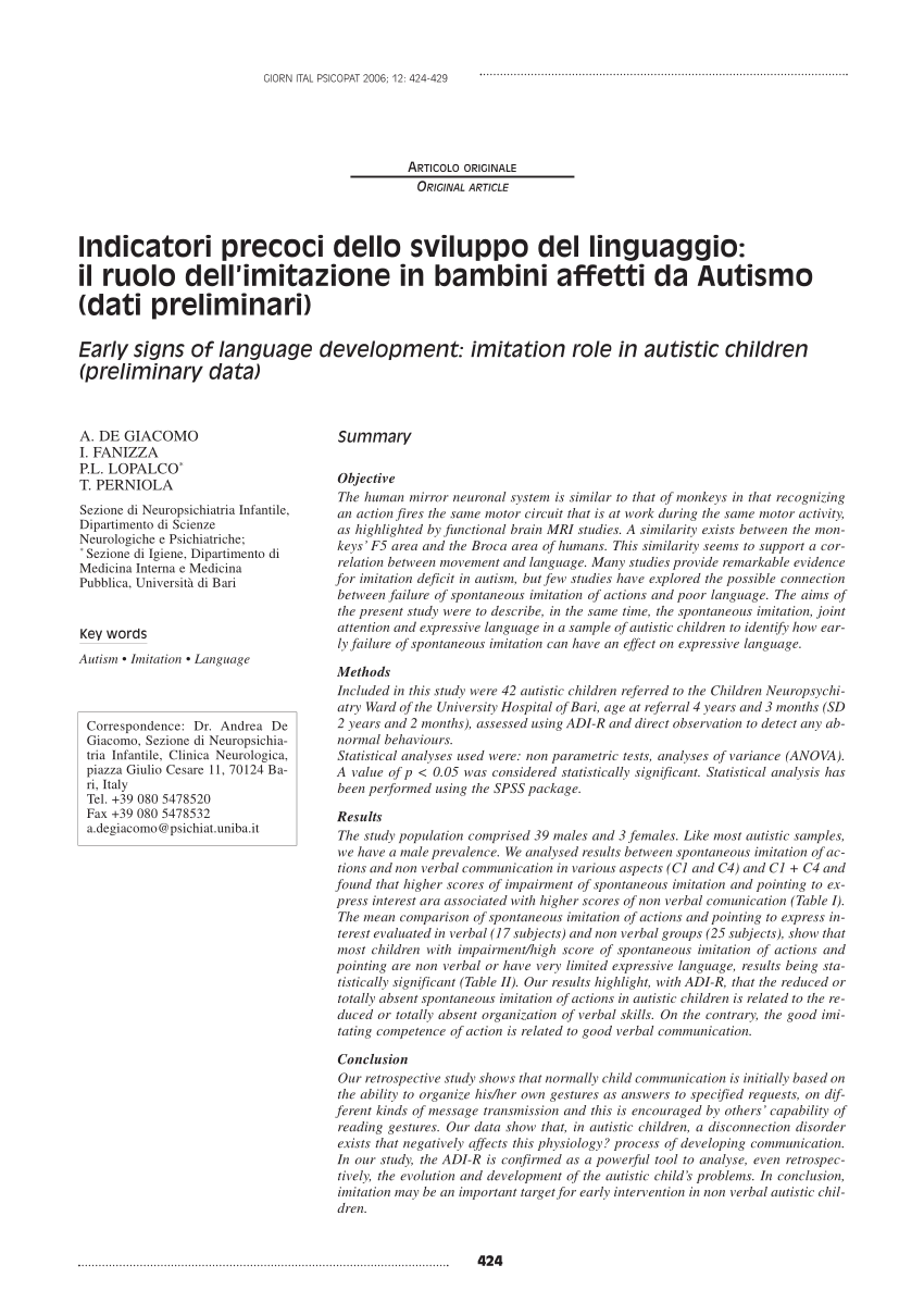 PDF) Indicatori precoci dello sviluppo del linguaggio: il ruolo  dell'imitazione in bambini affetti da Autismo (dati preliminari) Early  signs of language development: imitation role in autistic children  (preliminary data)