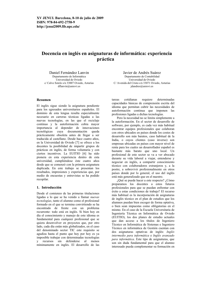 Pdf Docencia En Ingles En Asignaturas De Informatica Experiencia Practica