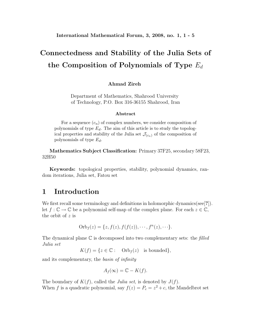 Pdf Connectedness And Stability Of The Julia Sets Of The Composition Of Polynomials Of Type Ed