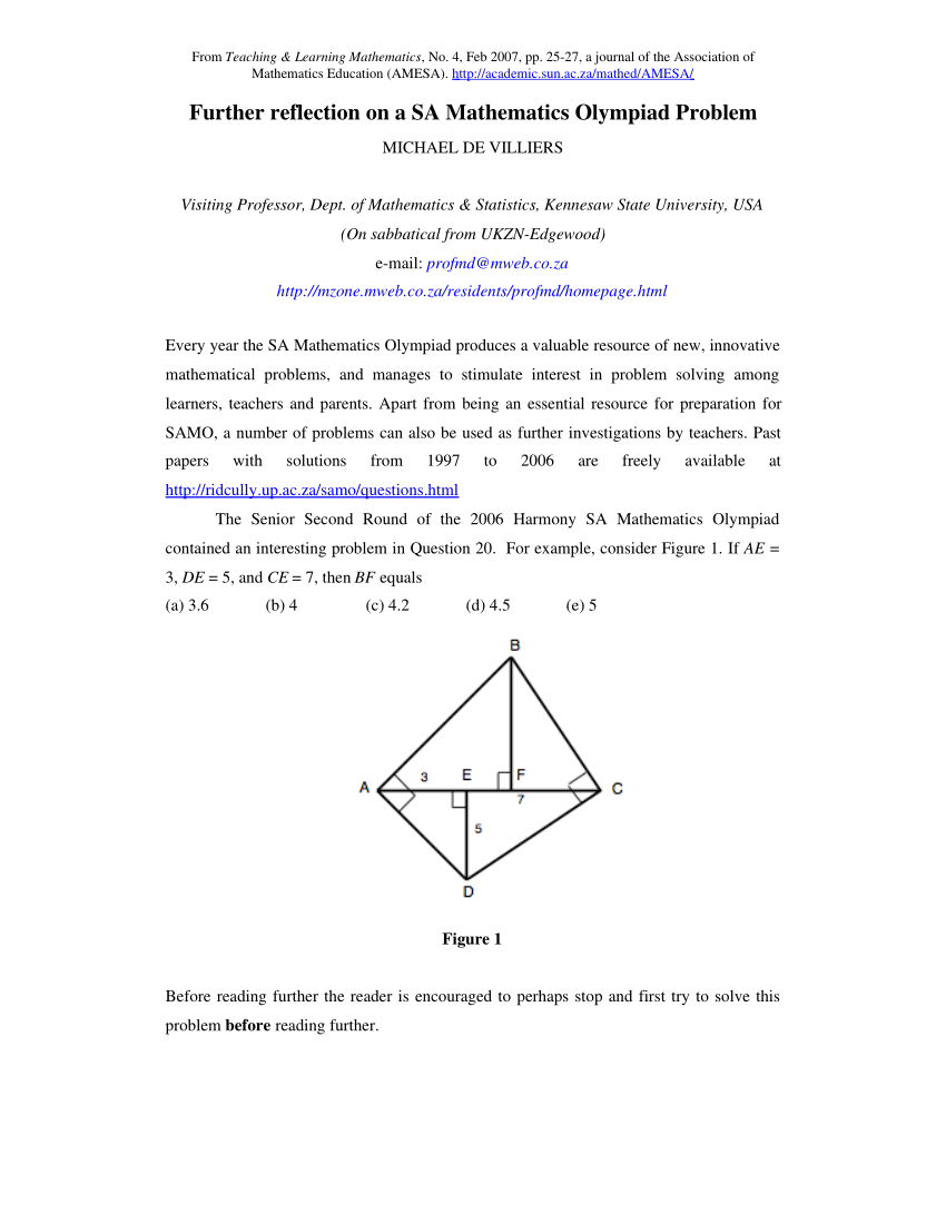 Pdf) Further Reflection On A Sa Mathematics Olympiad Problem