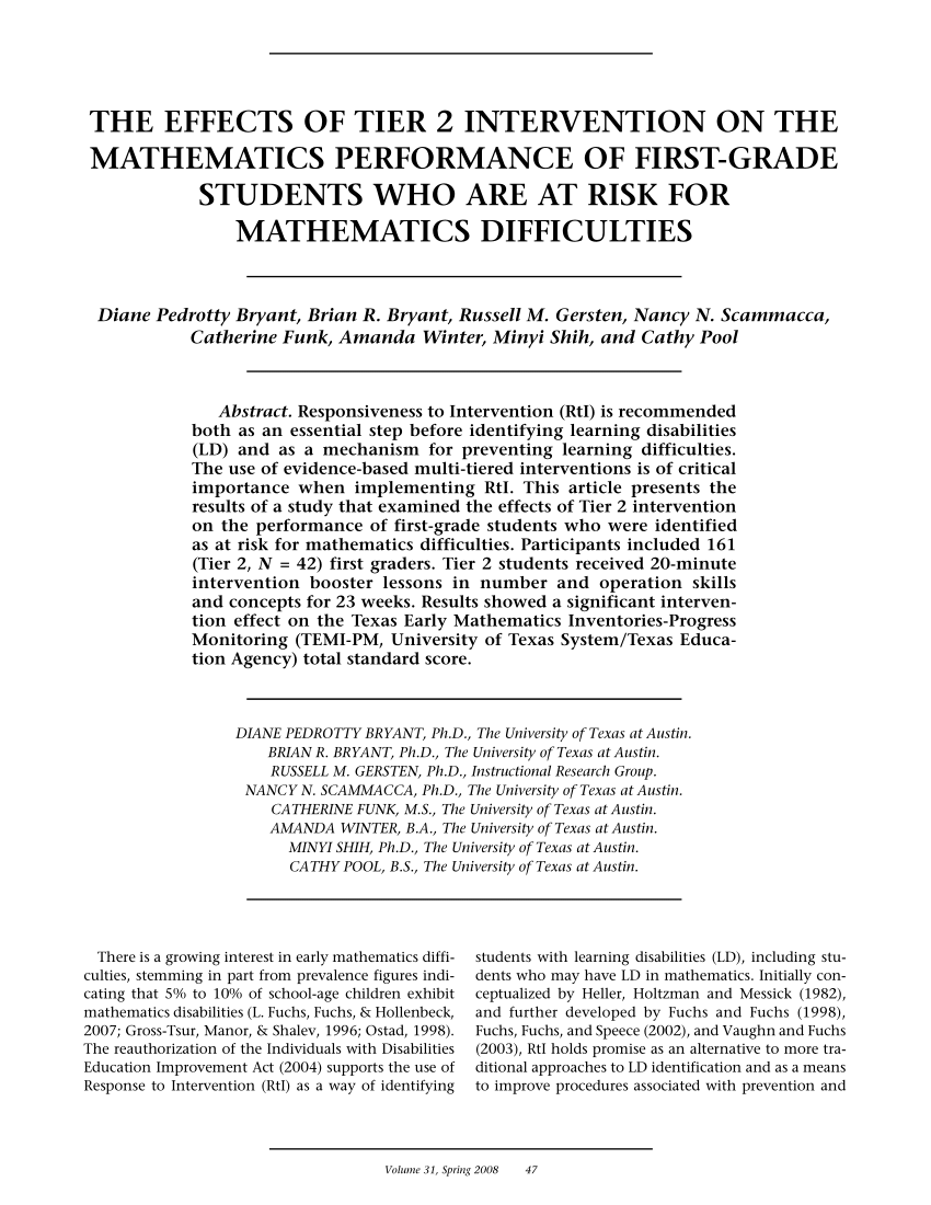 Pdf The Effects Of Tier 2 Intervention On The Mathematics Performance Of First Grade Students Who Are At Risk For Mathematics Difficulties