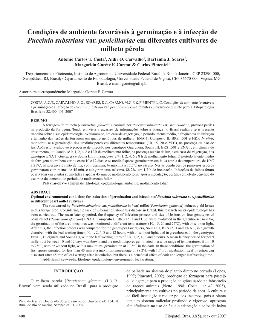 Pdf Condicoes De Ambiente Favoraveis A Germinacao E A Infeccao De Puccinia Substriata Var Penicillariae Em Diferentes Cultivares De Milheto Perola