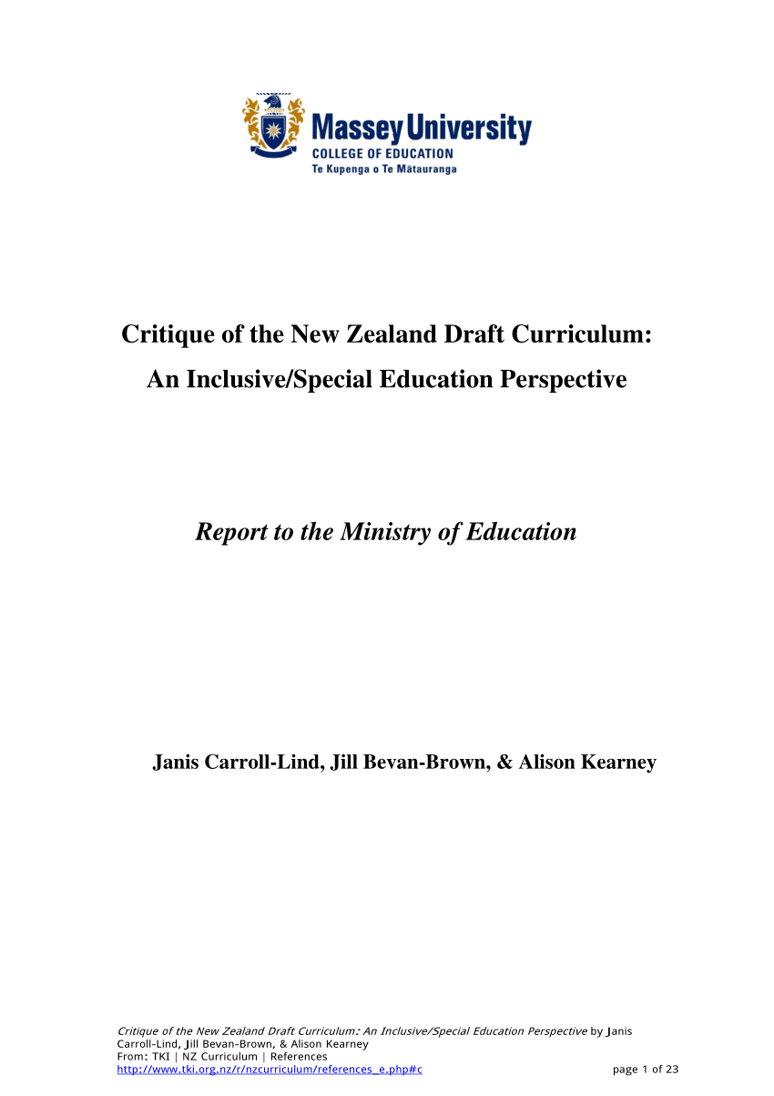 Pdf Critique Of The New Zealand Draft Curriculum An Inclusive Special Education Perspective Report To The Ministry Of Education