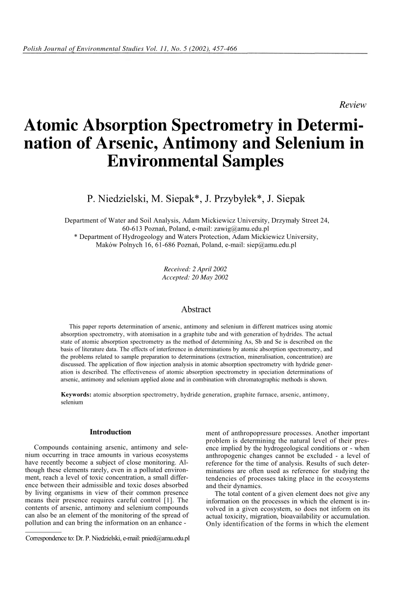 Pdf Atomic Absorption Spectrometry In Determination Of Arsenic Antimony And Selenium In Environmental Samples