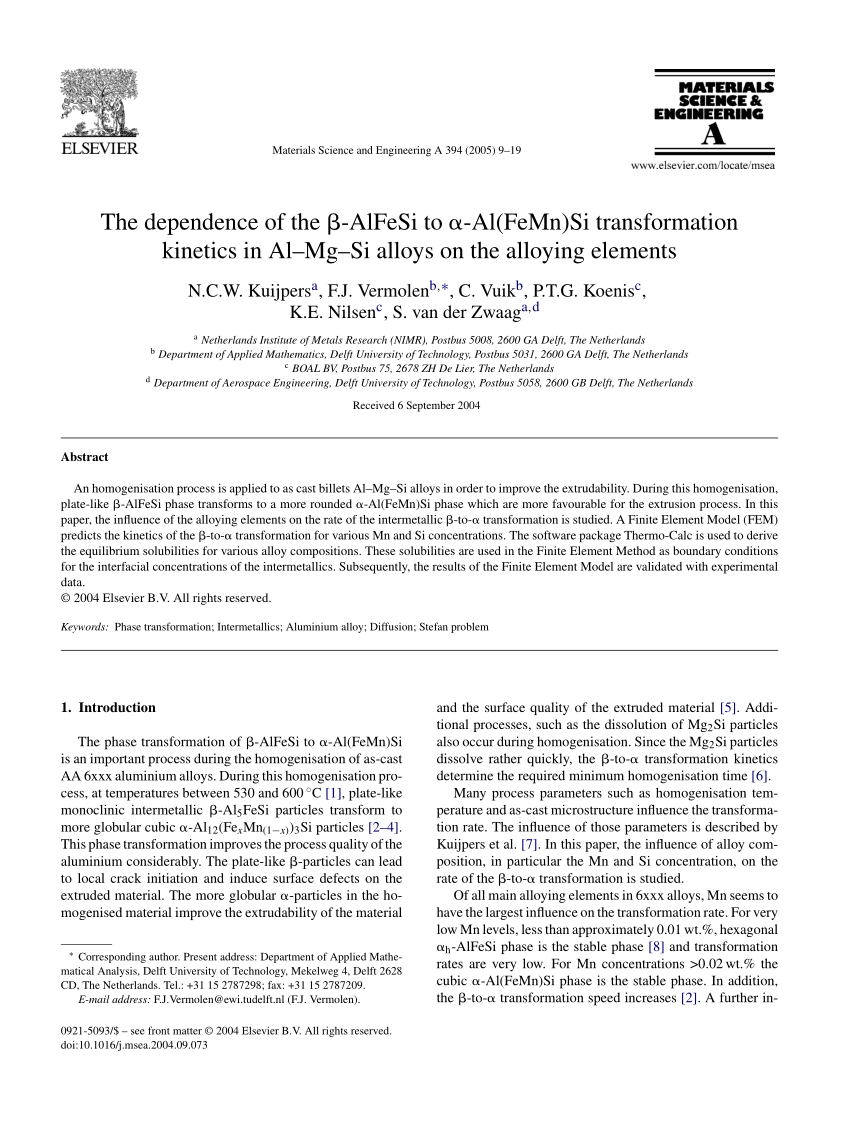 Pdf The Dependence Of The B Alfesi To A Al Femn Si Transformation Kinetics In Al Mg Si Alloys On The Alloying Elements