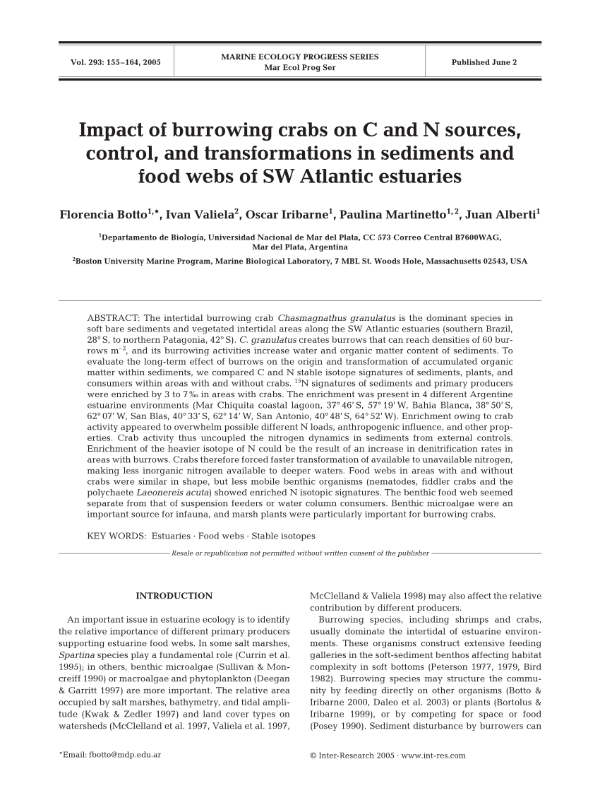 PDF) Impact of burrowing crabs on C and N sources, control, and  transformations in sediments and food webs of SW Atlantic estuaries