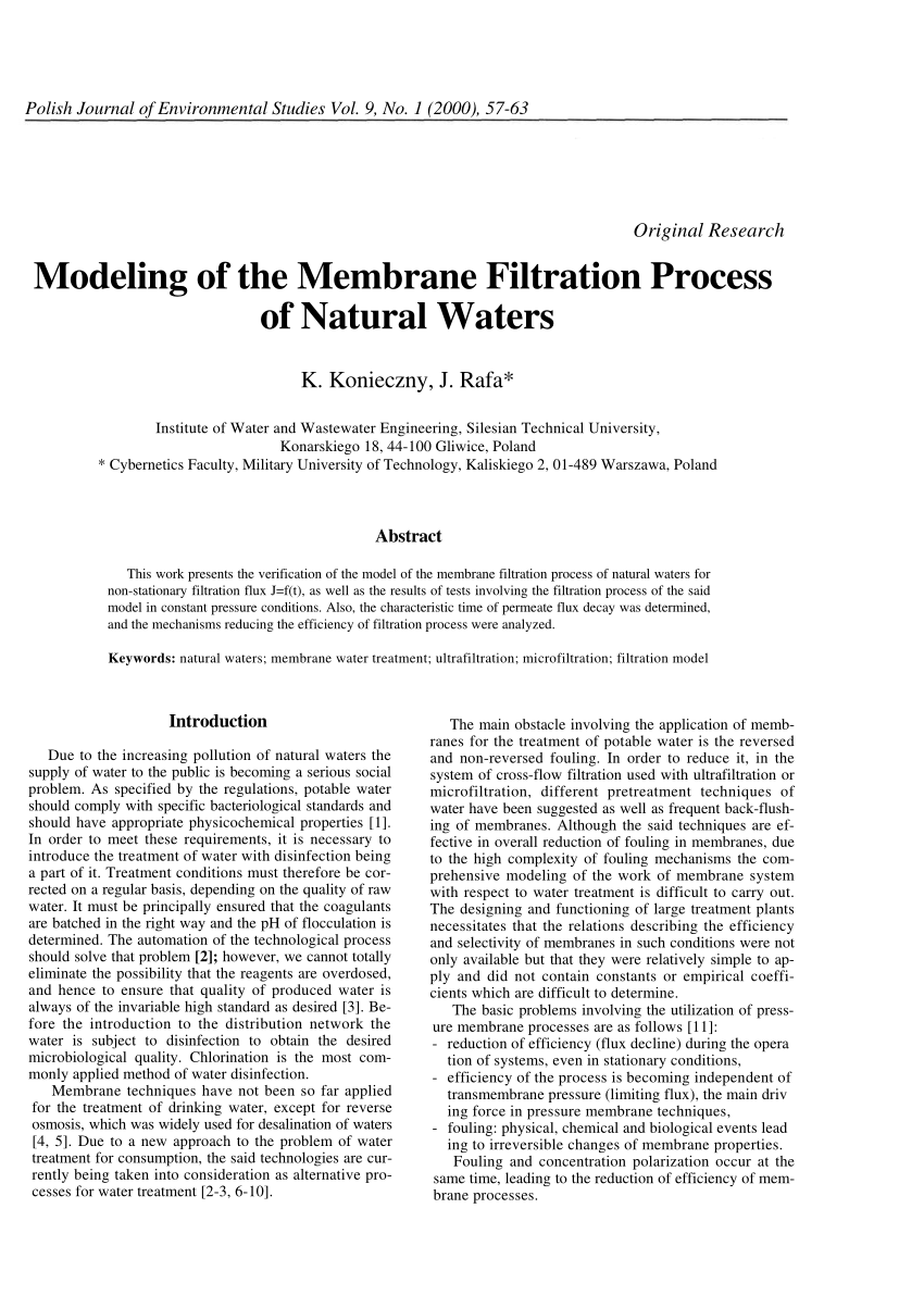 Pdf Modeling Of The Membrane Filtration Process Of Natural Waters