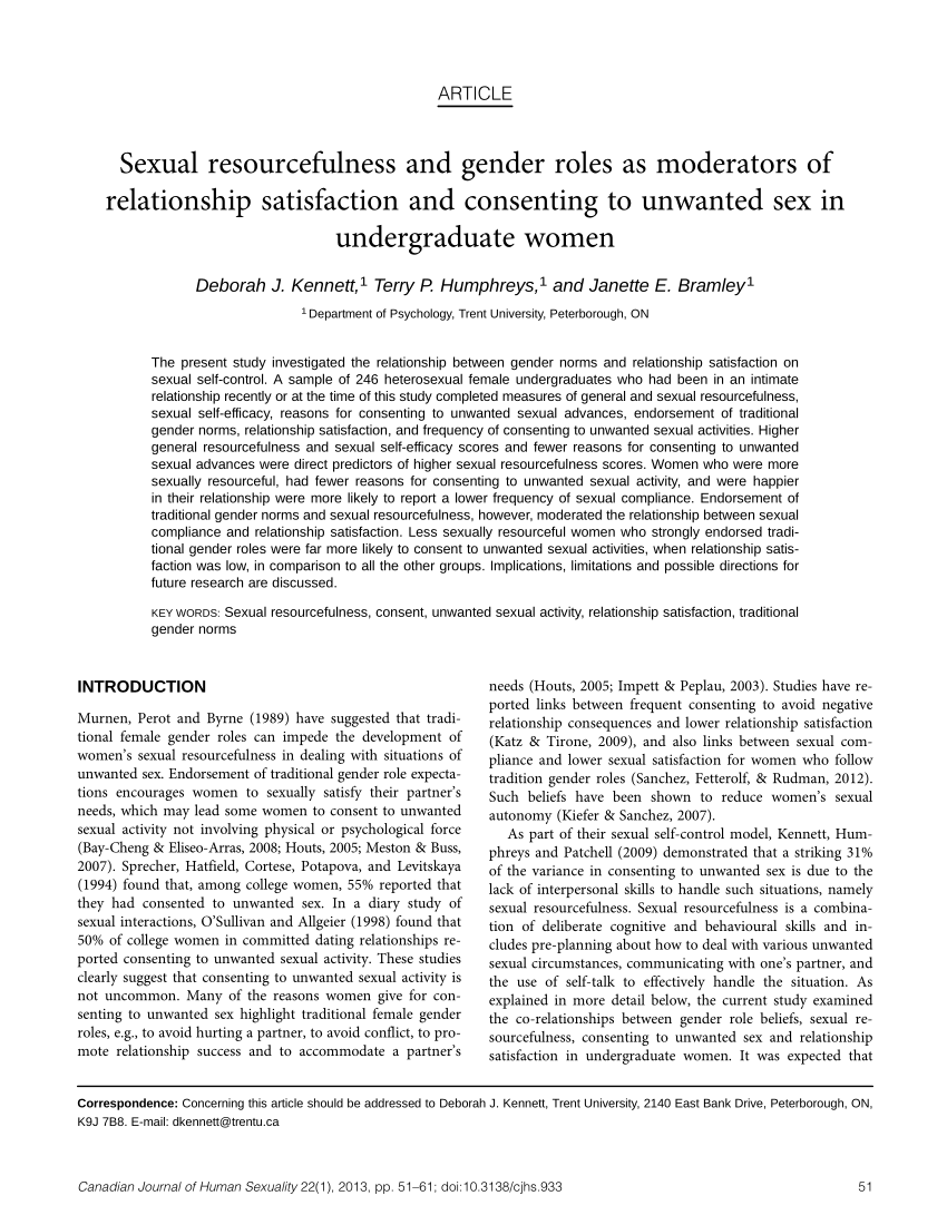 PDF) Sexual resourcefulness and gender roles as moderators of relationship satisfaction and consenting to unwanted sex in undergraduate women