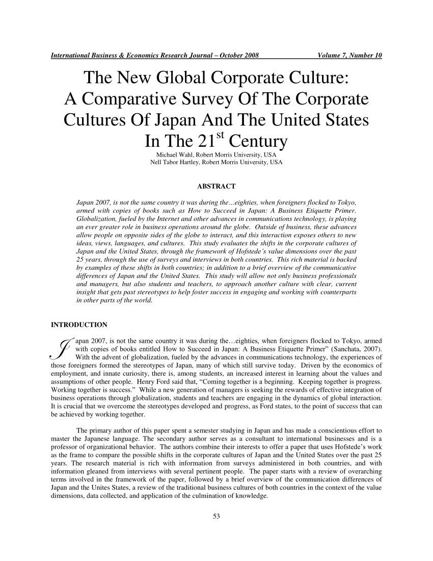 (PDF) The New Global Corporate Culture: A Comparative Survey Of The Corporate Cultures Of Japan 