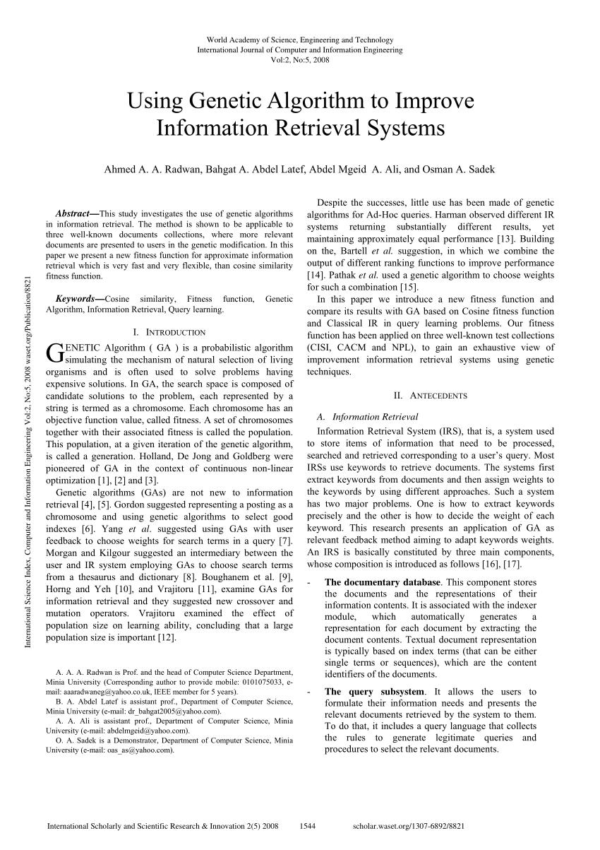 PDF) Using Genetic Algorithm to Improve Information Retrieval Systems