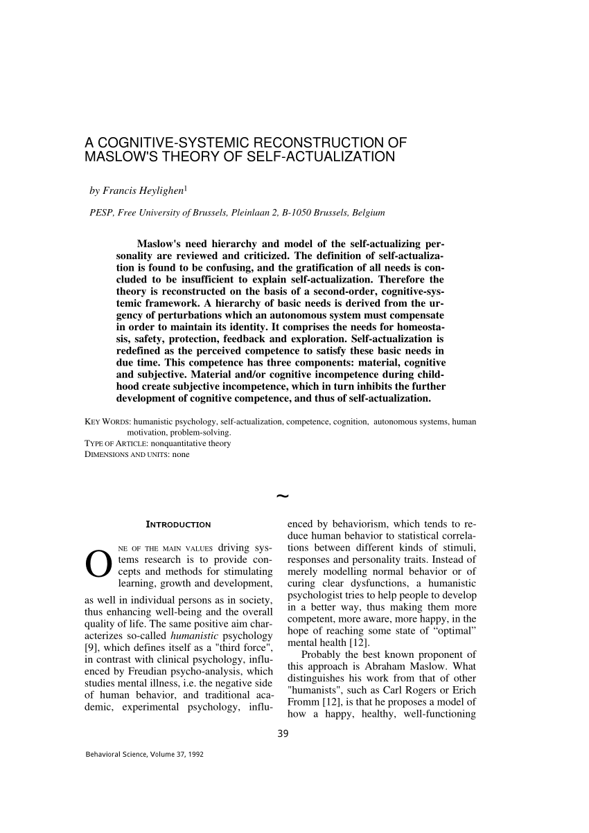 Pdf A Cognitive Systemic Reconstruction Of Maslow S Theory Of Self Actualization