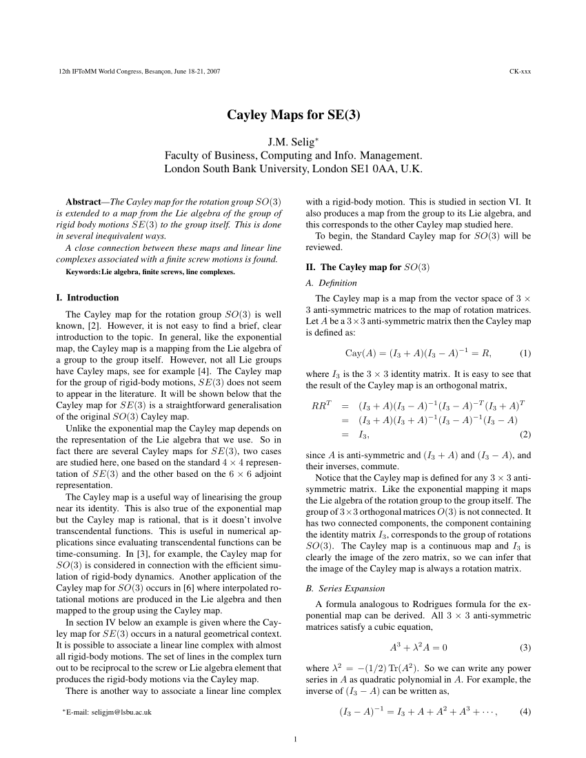 (PDF) Cayley Maps for SE(3)