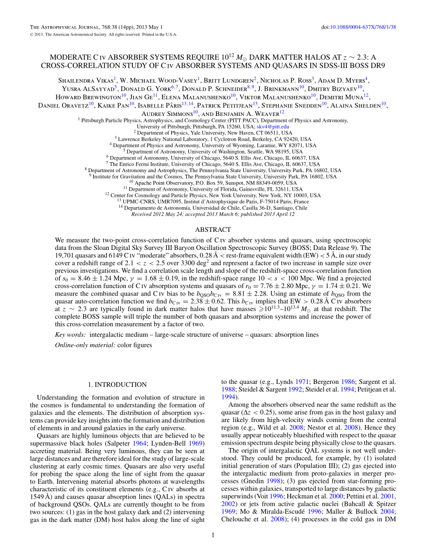 Pdf Moderate Civ Absorber Systems Require 1012 M Dark Matter Halos At Z 2 3 A Cross Correlation Study Of Civ Absorber Systems And Quasars In Sdss Iii Boss Dr9