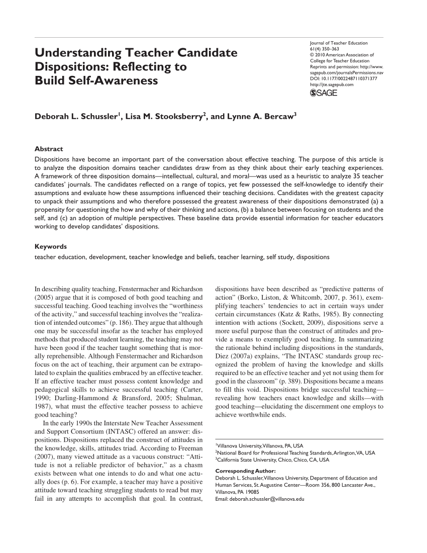 Pdf Understanding Teacher Candidate Dispositions Reflecting To Build Self Awareness