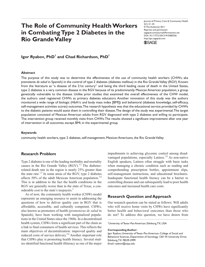 Pdf The Role Of Community Health Workers In Combating Type 2 Diabetes In The Rio Grande Valley