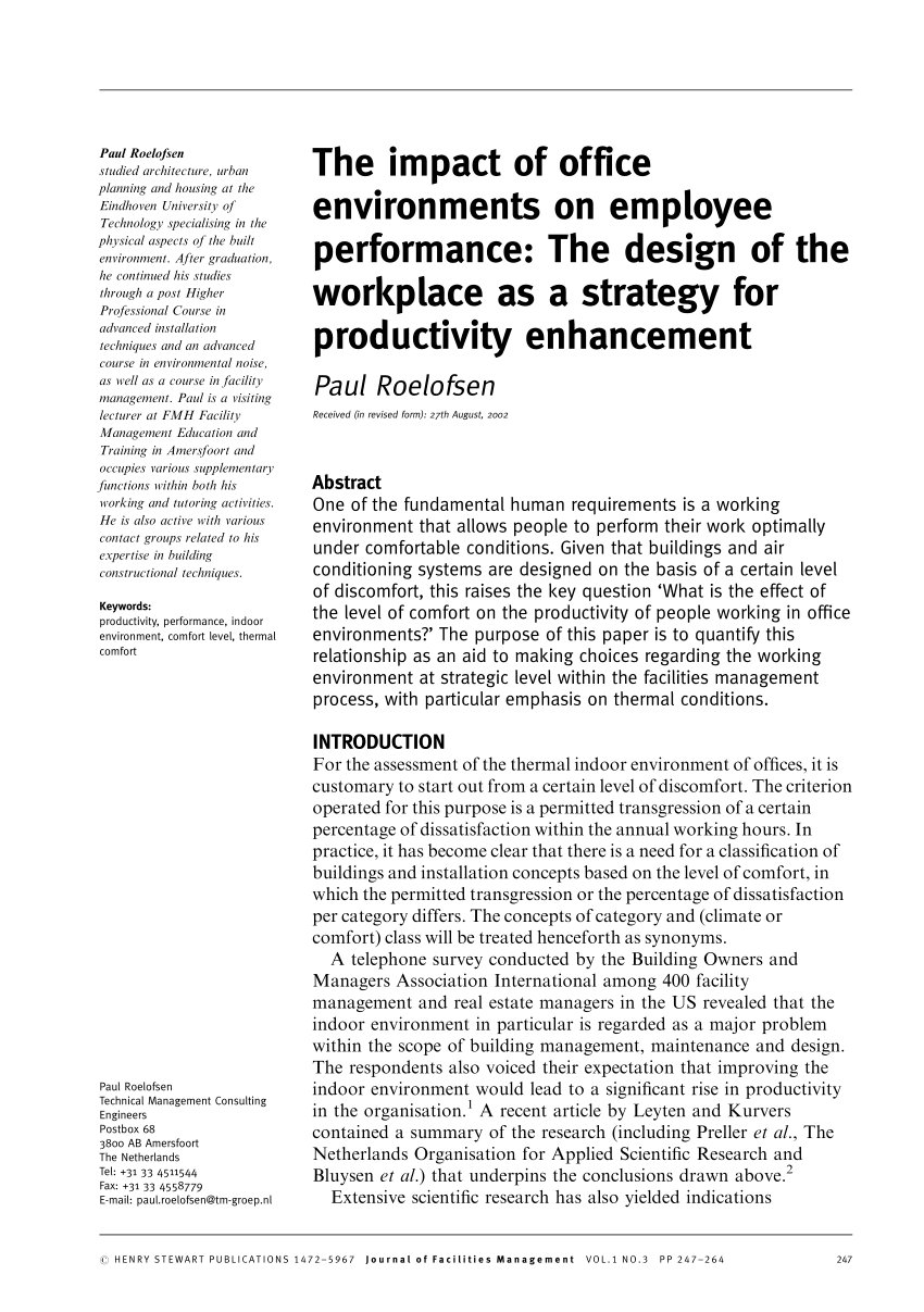Pdf The Impact Of Office Environments On Employee Performance The Design Of The Workplace As A Strategy For Productivity Enhancement