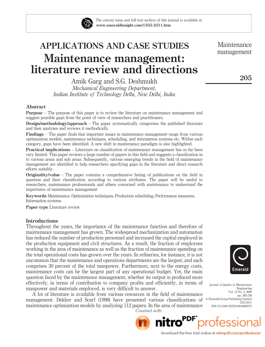 literature review on maintenance management