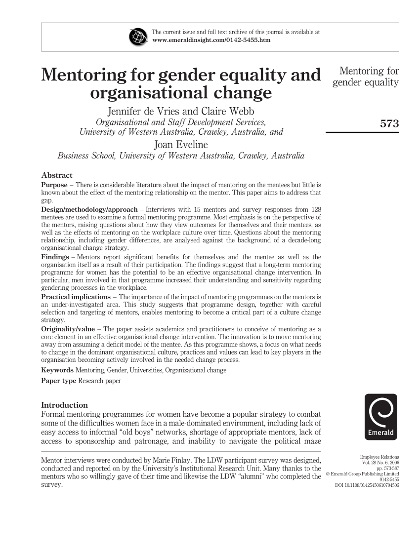 Pdf Mentoring For Gender Equality And Organisational Change