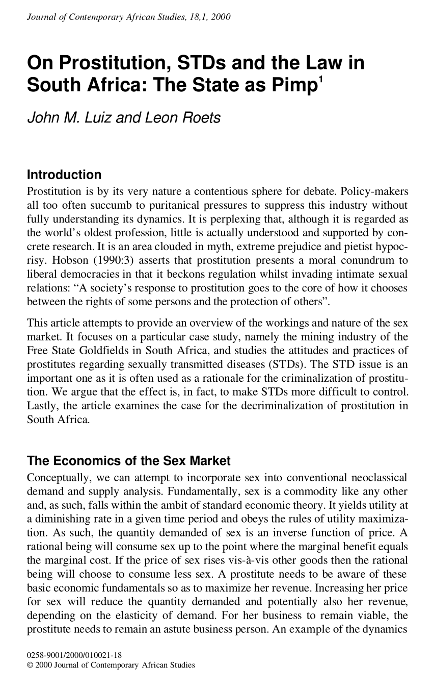 Pdf On Prostitution Stds And The Law In South Africa The State As Pimp 3448