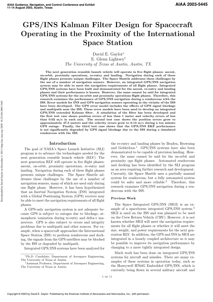 Pdf Gps Ins Kalman Filter Design For Spacecraft Operating In The Proximity Of The International Space Station