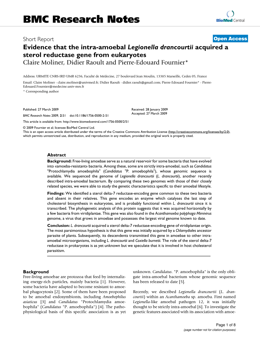 Pdf Evidence That The Intra Amoebal Legionella Drancourtii Acquired A Sterol Reductase Gene From Eukaryotes