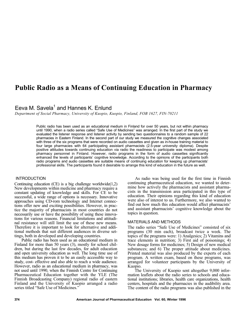 PDF) Public Radio as a Means of Continuing Education in Pharmacy