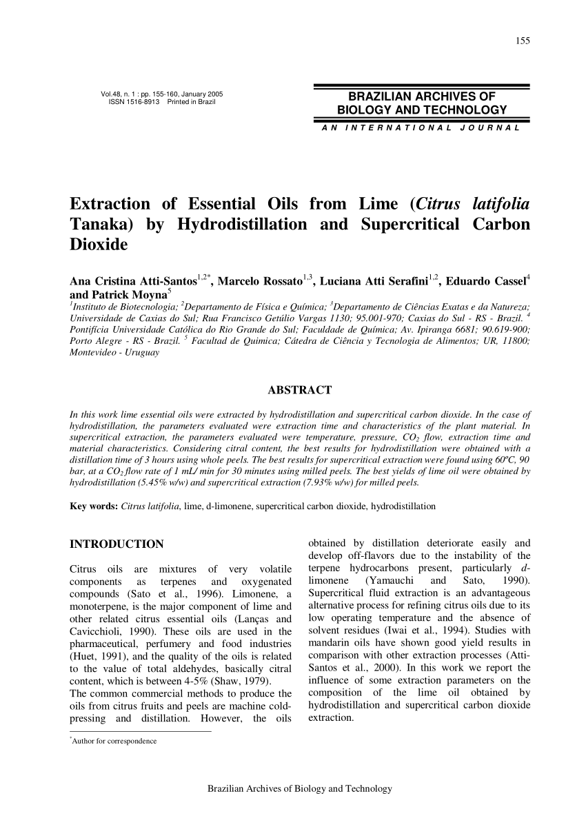 Pdf Extraction Of Essential Oils From Lime Citrus Latifolia Tanaka By Hydrodistillation And Supercritical Carbon Dioxide