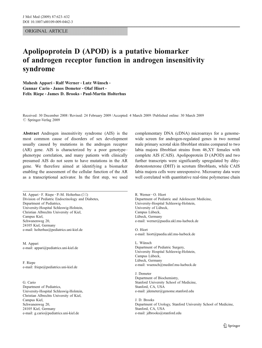 Pdf Apolipoprotein D Apod Is A Putative Biomarker Of Androgen Receptor Function In Androgen
