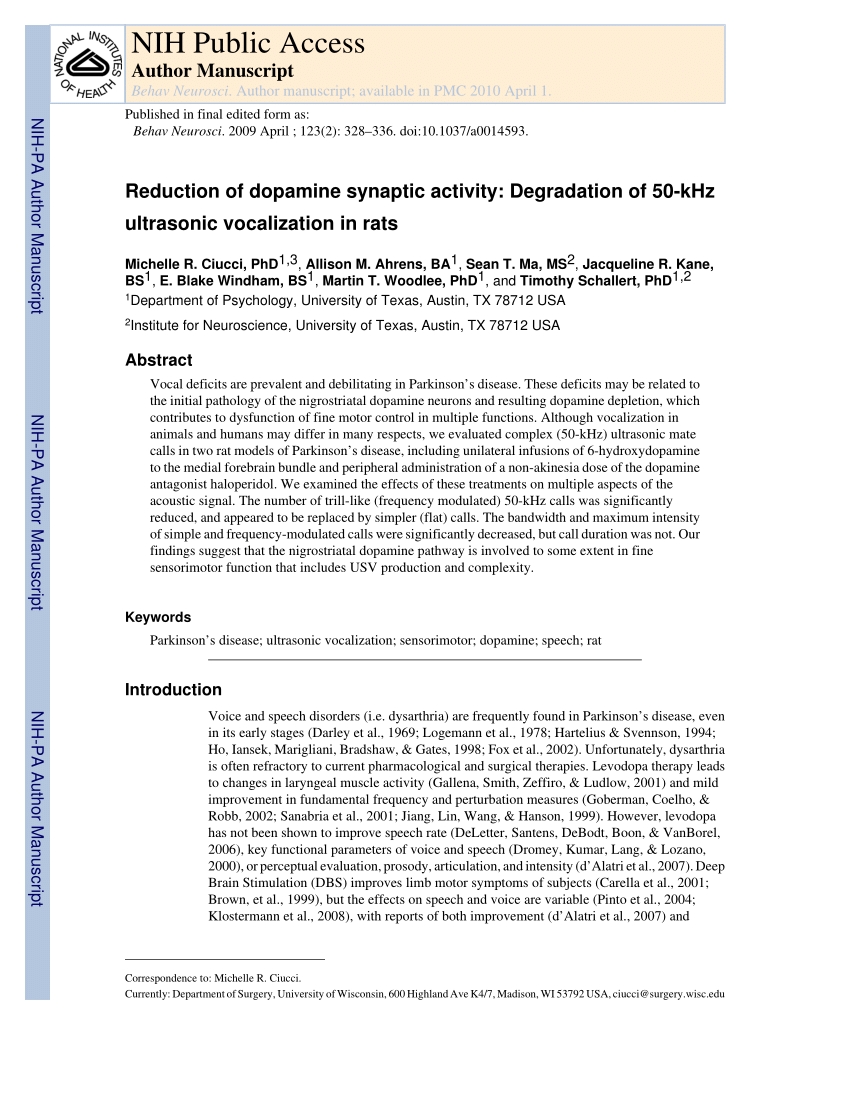 Pdf Reduction Of Dopamine Synaptic Activity Degradation Of 50 Khz Ultrasonic Vocalization In Rats