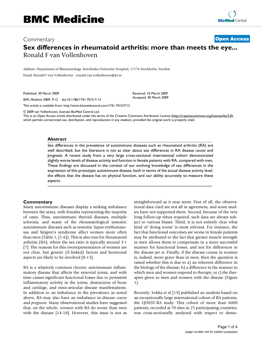 Pdf Sex Differences In Rheumatoid Arthritis More Than Meets The Eye 0835