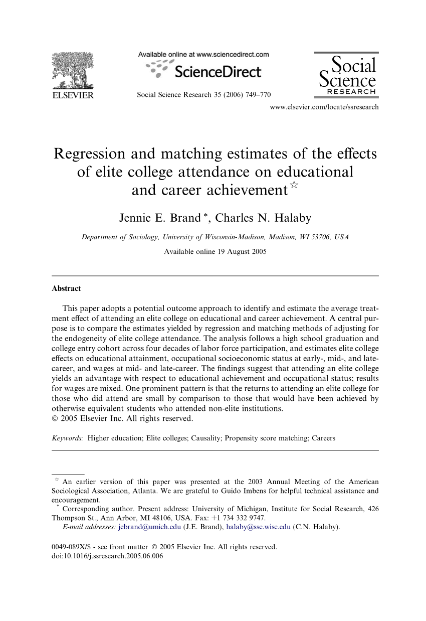 Pdf Regression And Matching Estimates Of The Effects Of Elite College Attendance On Career Outcomes