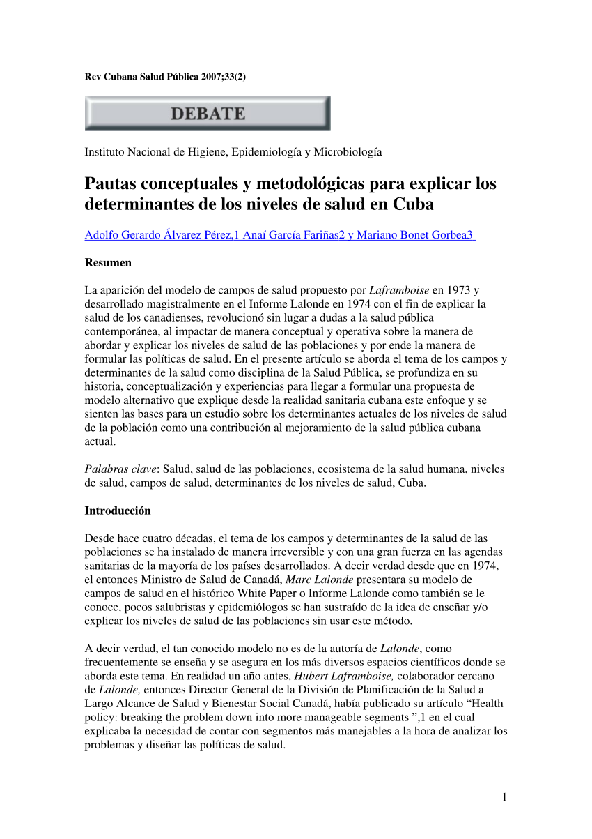 PDF) Pautas conceptuales y metodológicas para explicar los determinantes de  los niveles de salud en Cuba