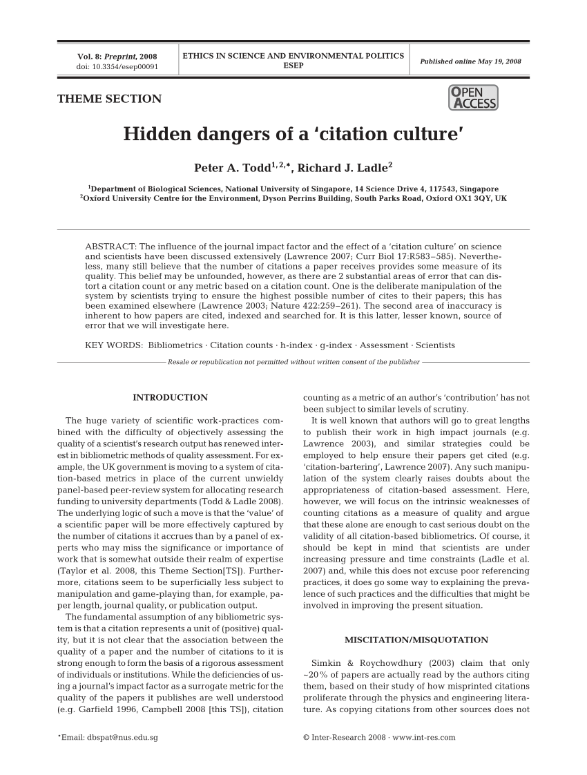 Pdf Hidden Dangers Of A Citation Culture