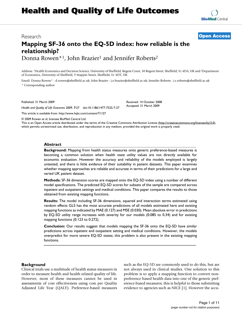 PDF) Mapping SF-36 onto the EQ-5D index: How reliable is the relationship?